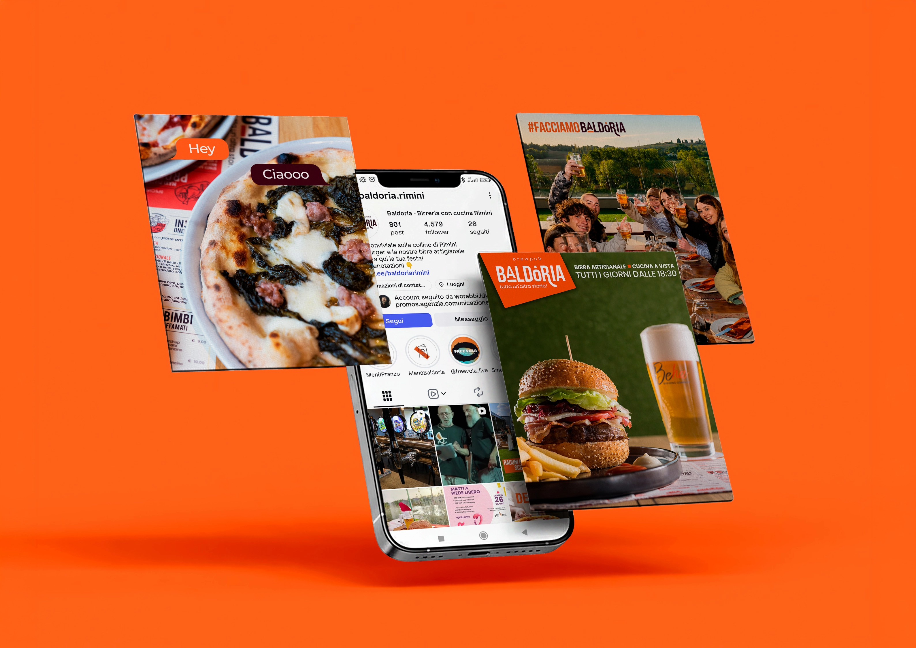Mockup social Baldoria con profilo Instagram, pizza, burger e birra
