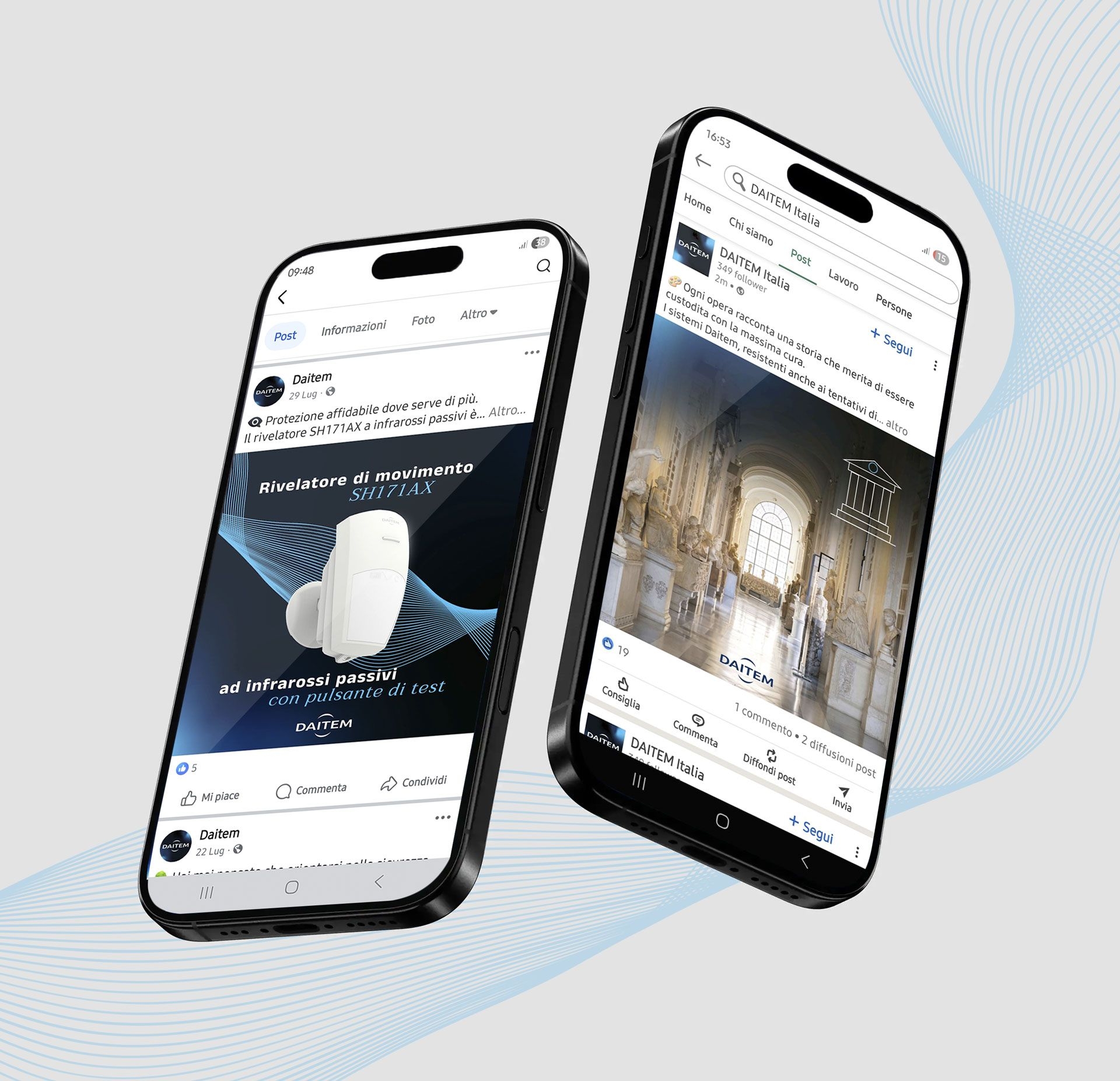 Contenuti social Daitem sui sistemi di sicurezza visualizzati su smartphone