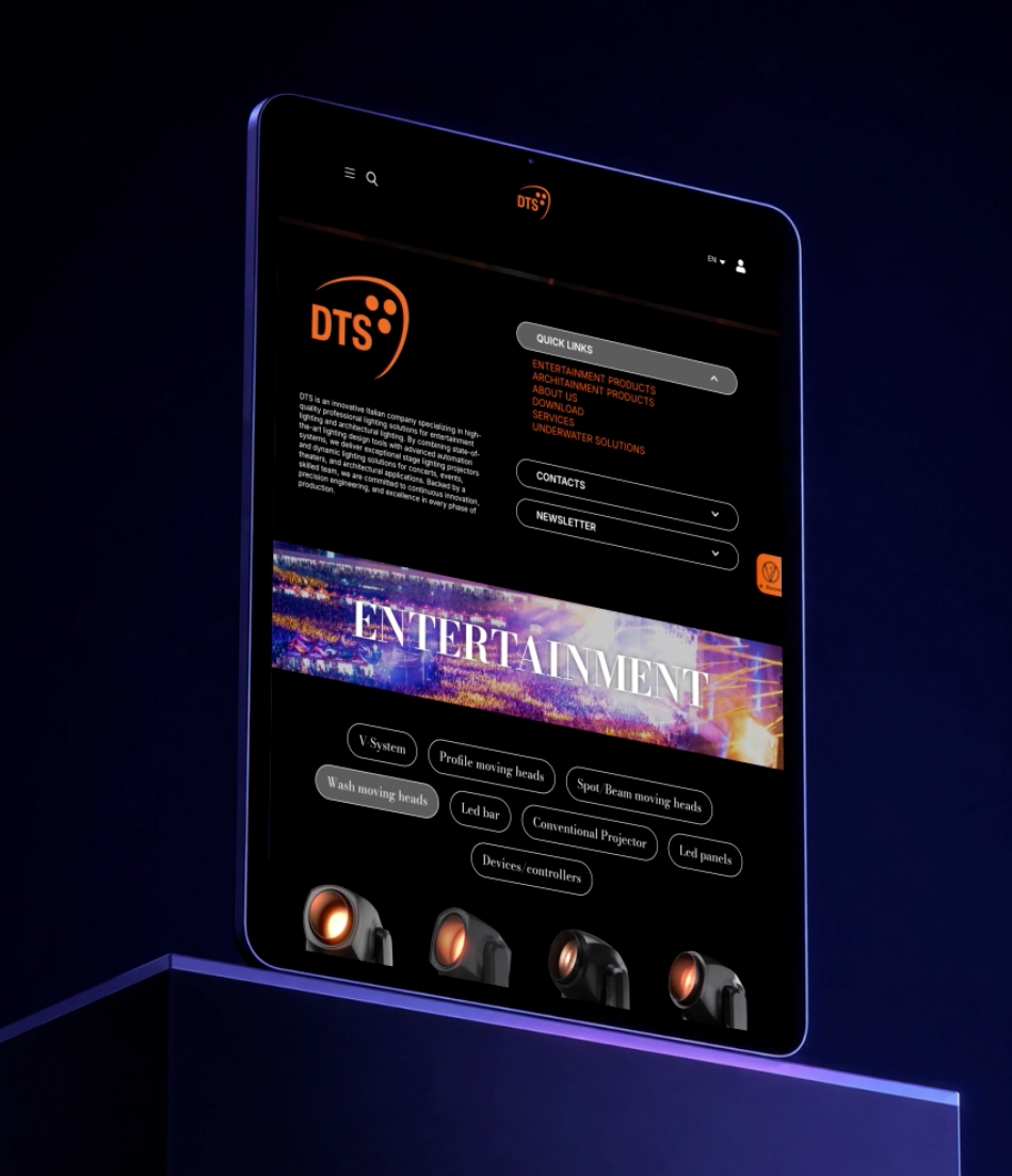 Interfaccia del sito DTS Lighting visualizzata su tablet