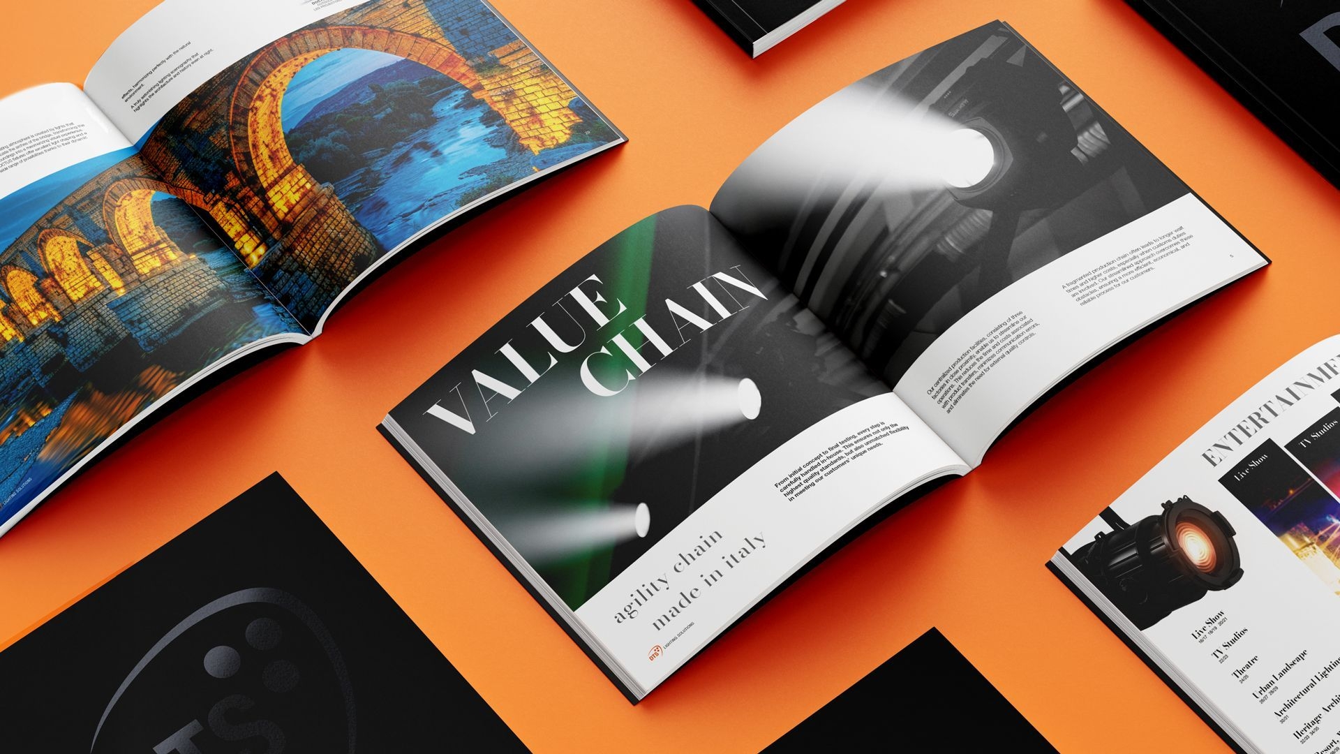 Progetto editoriale DTS Lighting con cataloghi e brochure dedicati ai prodotti per l’illuminazione professionale