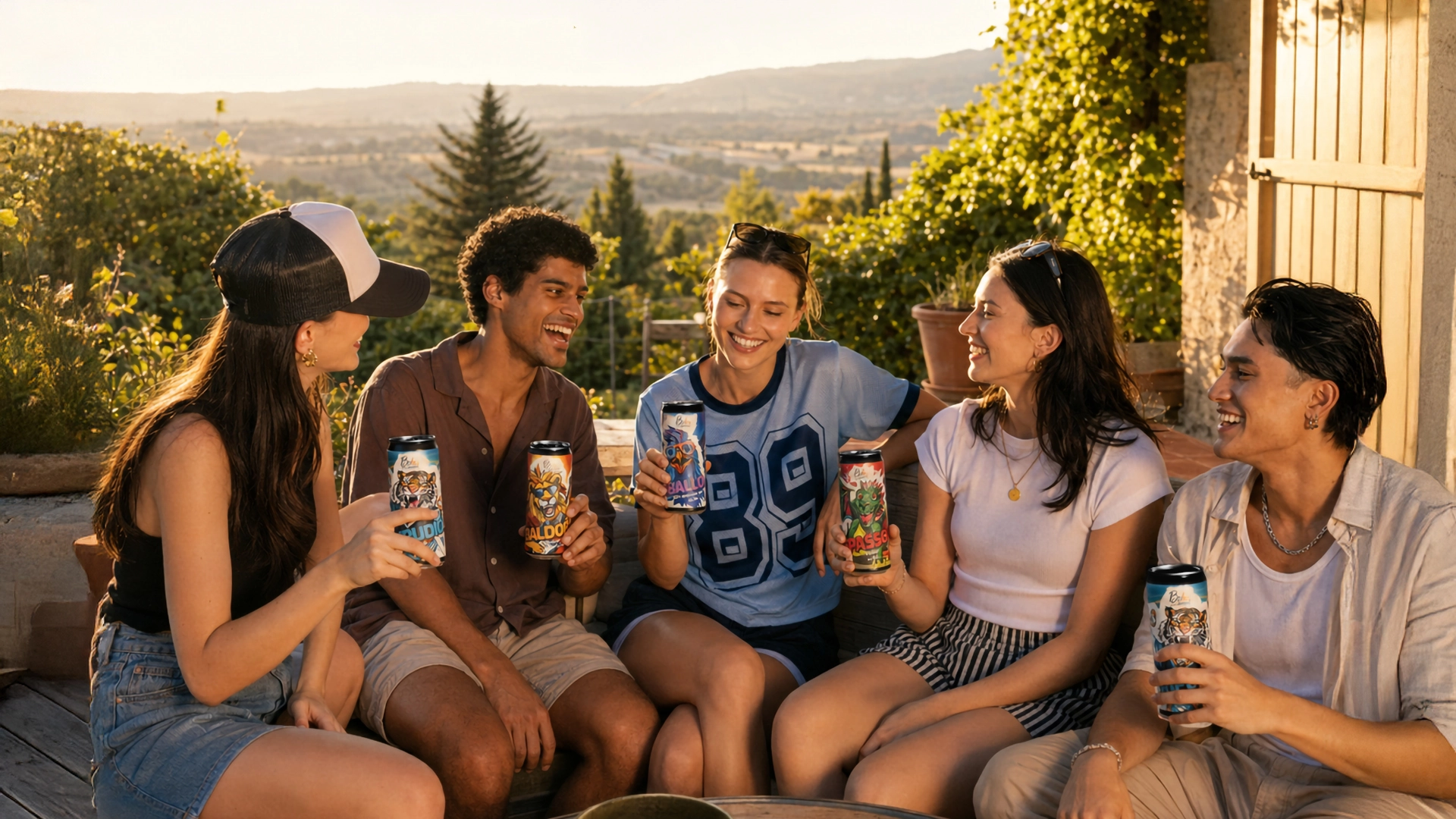 Gruppo di persone con lattine Beha su una terrazza al tramonto