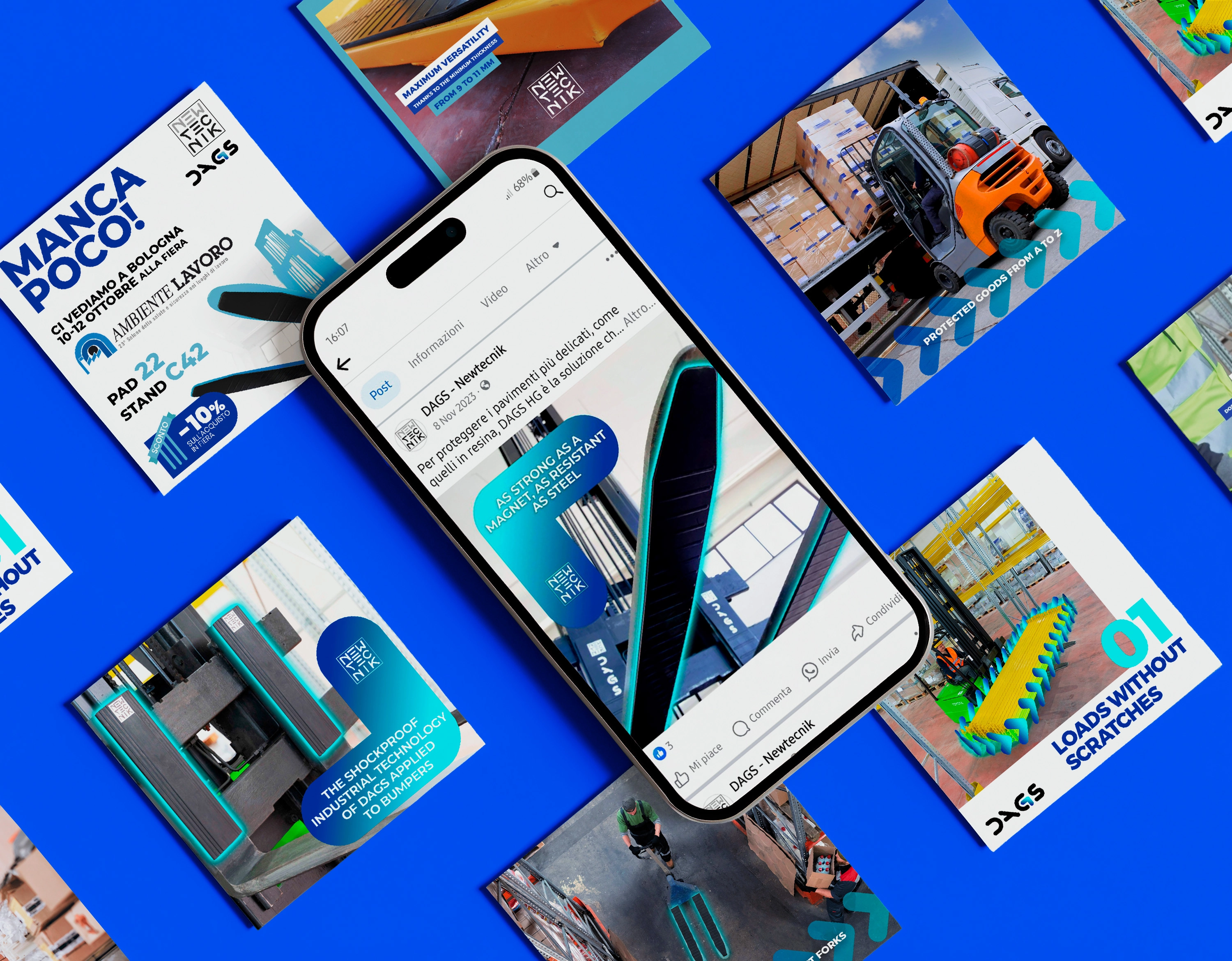 Mockup social DAGS Newtecnik con post industriali su sfondo blu