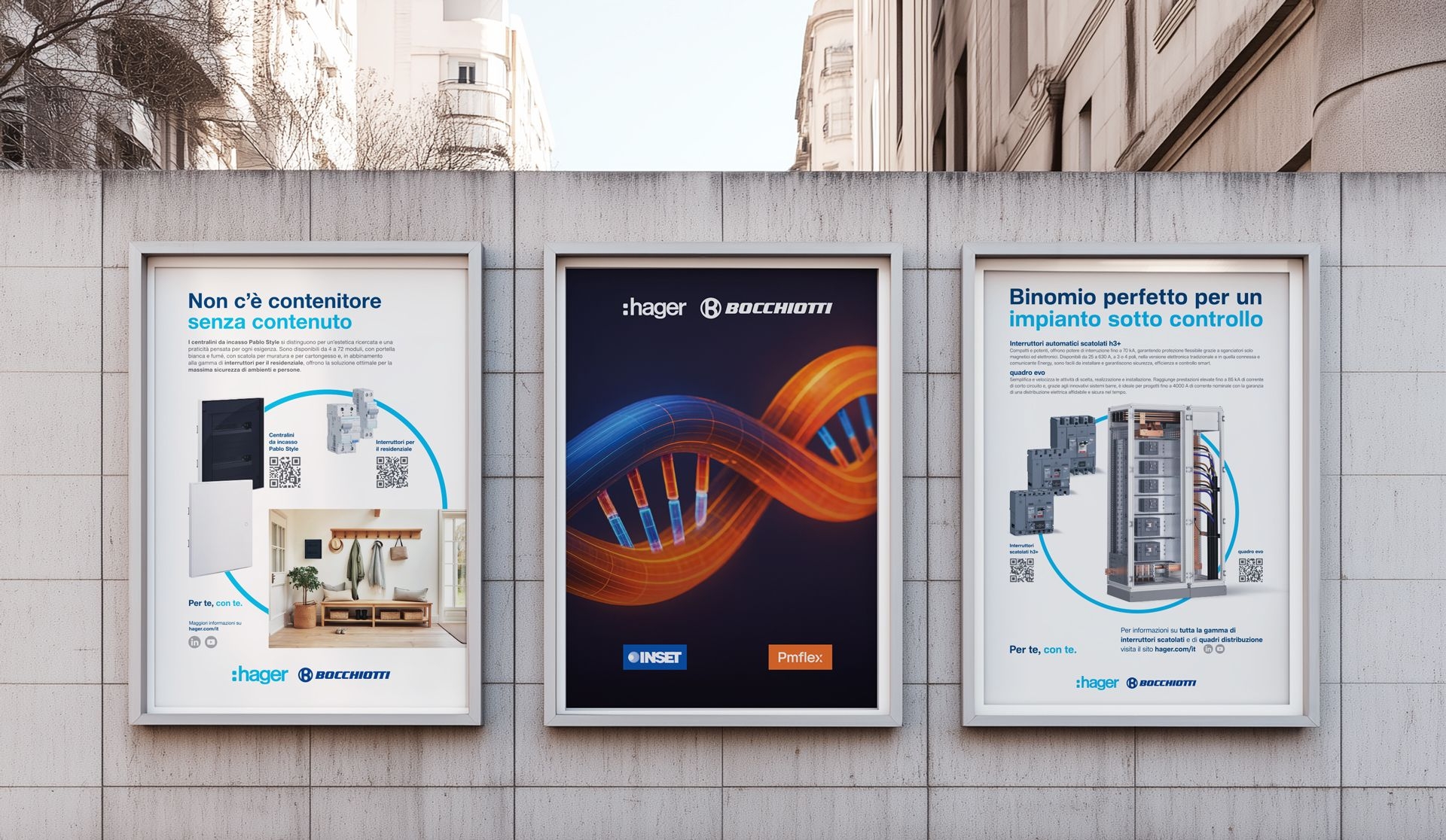 Campagna pubblicitaria Hager esposta su affissioni urbane dedicate a prodotti e sistemi elettrici