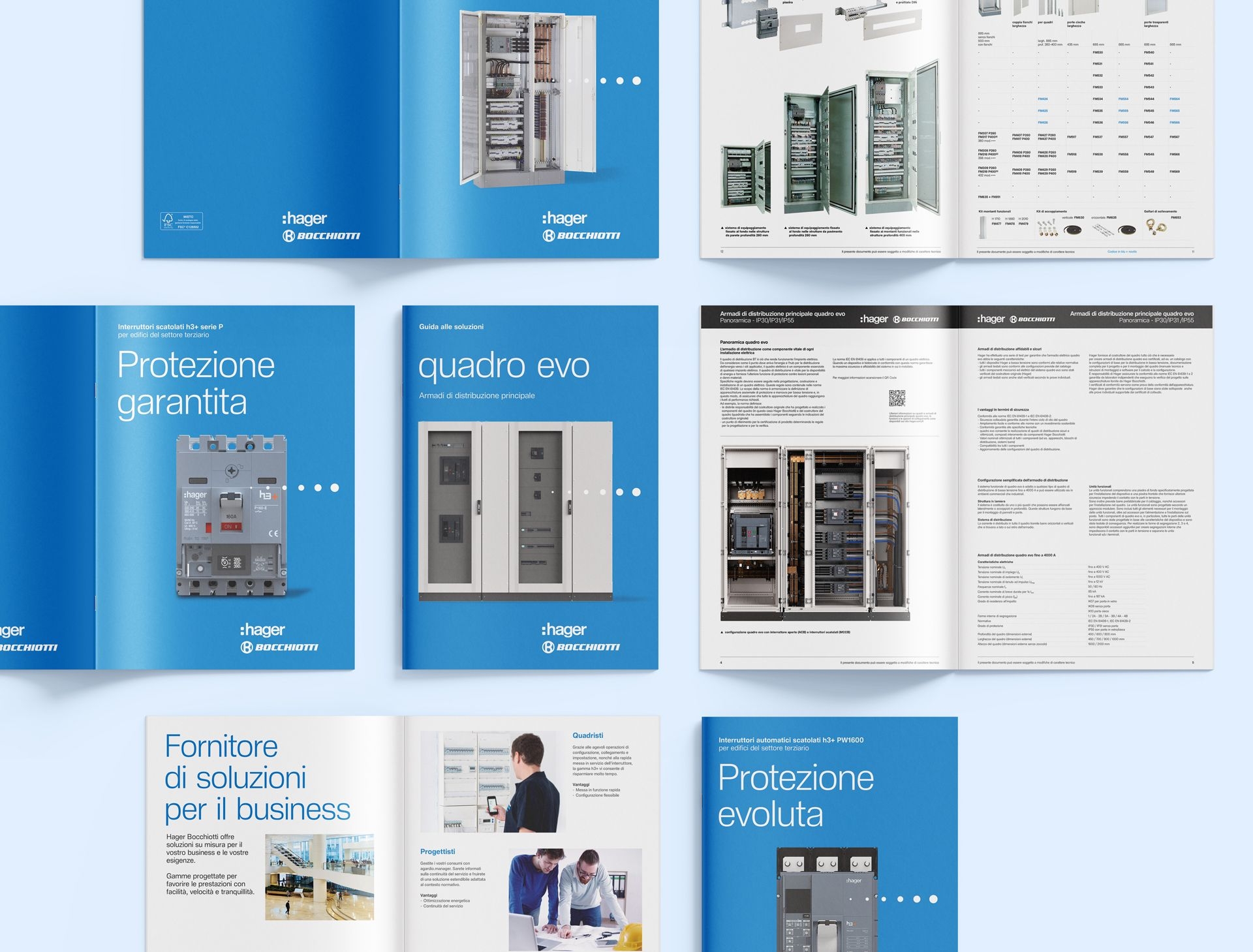 Materiali di comunicazione Hager con cataloghi, schede prodotto e visual dedicati alle soluzioni per impianti elettrici