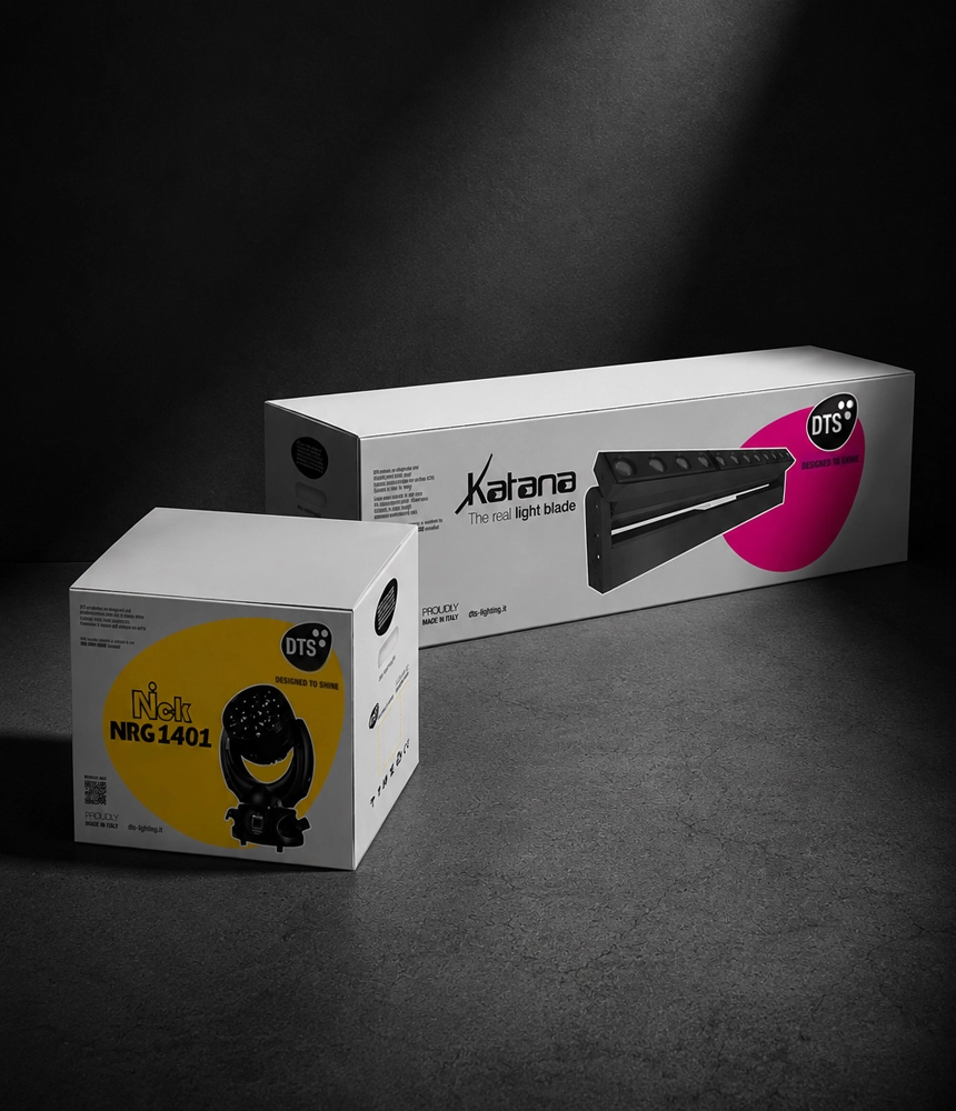 Packaging DTS per fari professionali Nick NRG 1401 e Katana su sfondo scuro