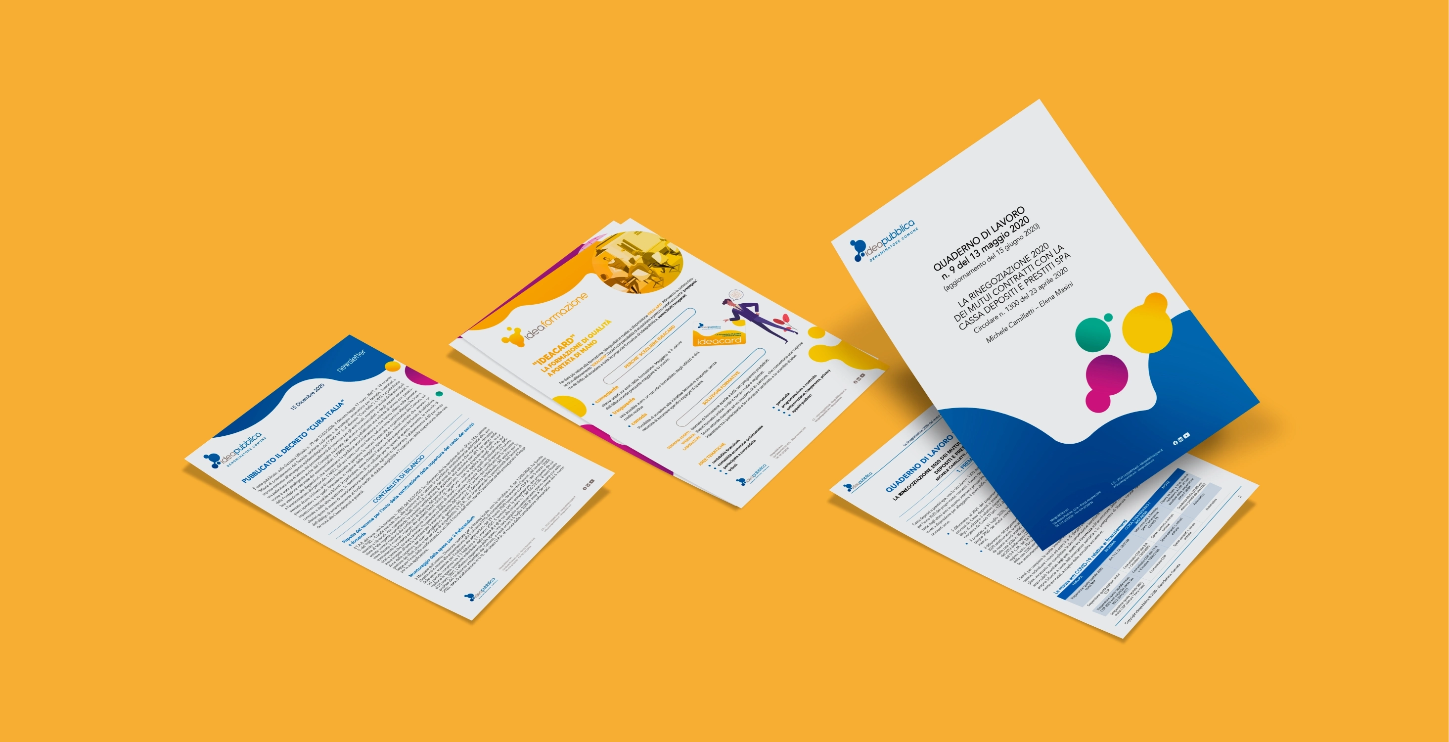 Materiali informativi e documenti Idea Pubblica disposti su sfondo arancione