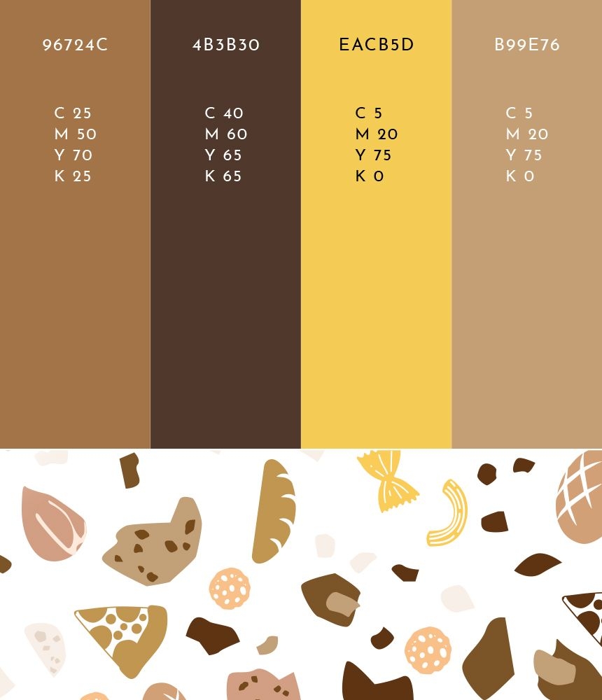 Identità visiva di Buoni senza glutine con logo, palette cromatica e pattern grafico coordinato