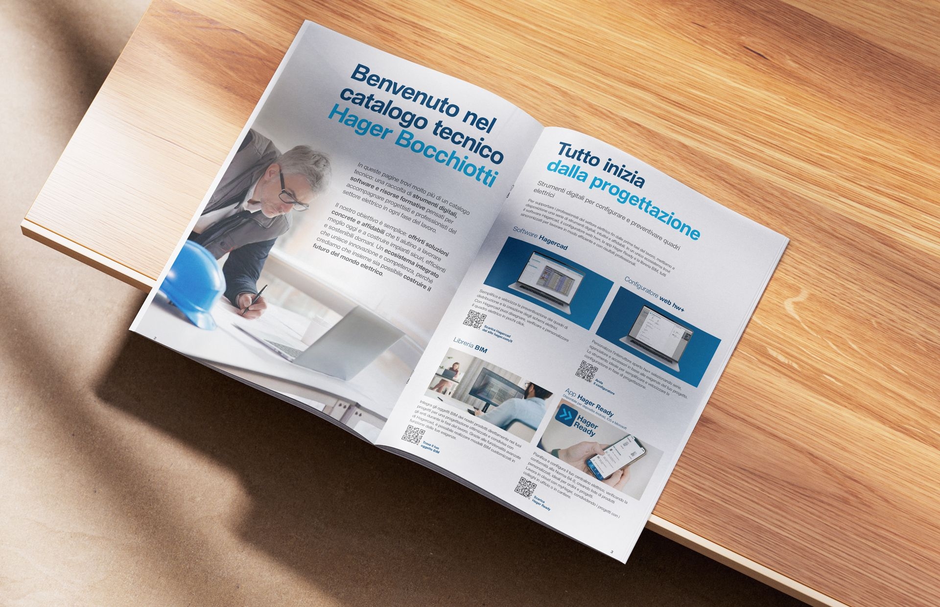 Catalogo Hager aperto su un tavolo con contenuti dedicati alle soluzioni tecniche
