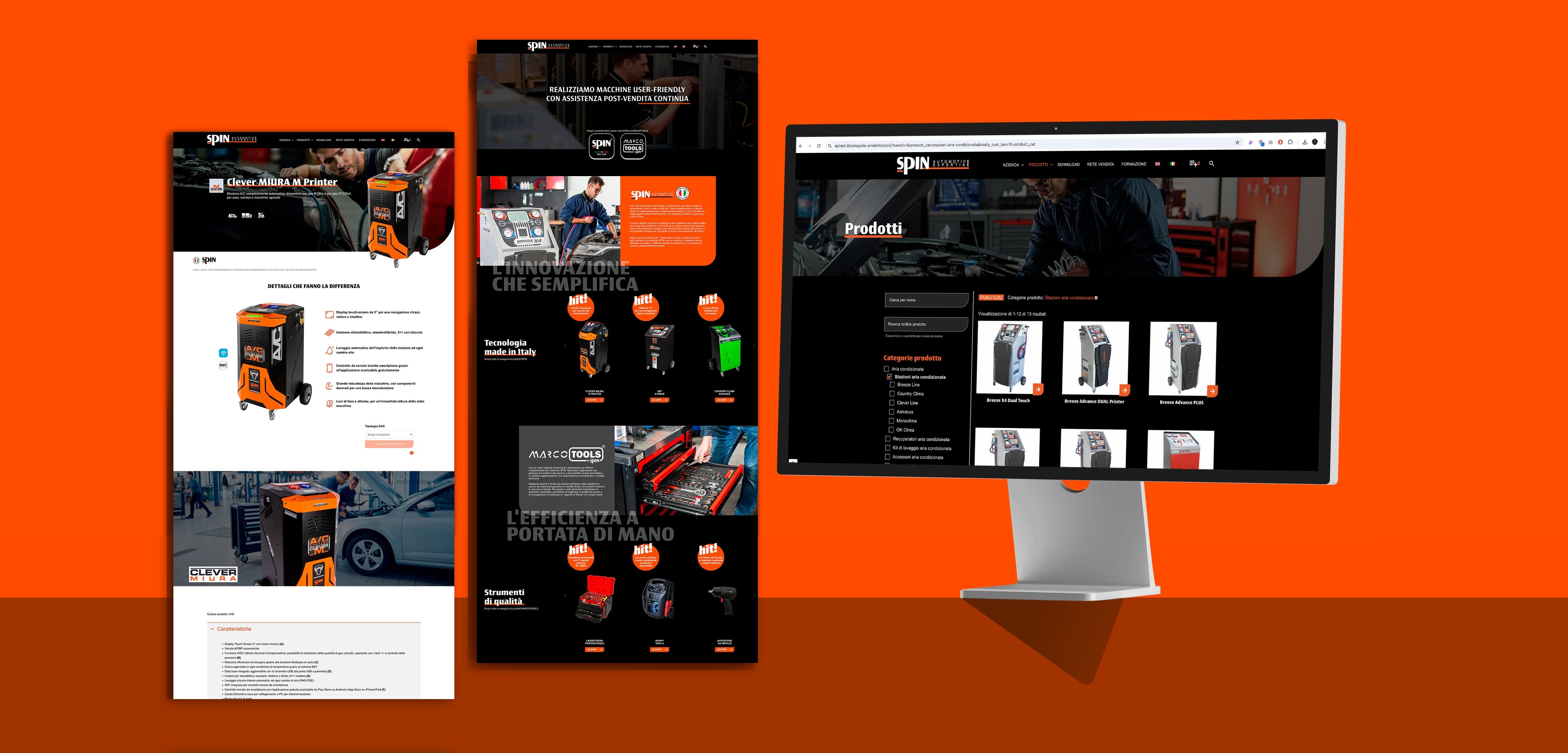 Pagine del sito Spin dedicate ad attrezzature e soluzioni professionali per officine