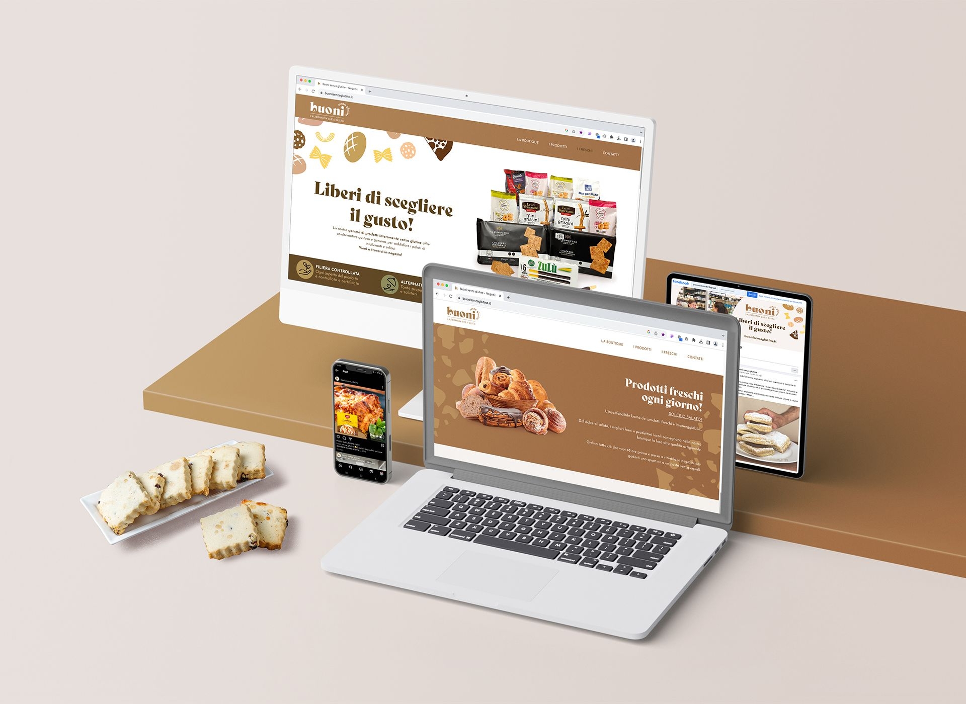 Sito web responsive di Buoni senza glutine visualizzato su computer, tablet e smartphone con prodotti da forno senza glutine
