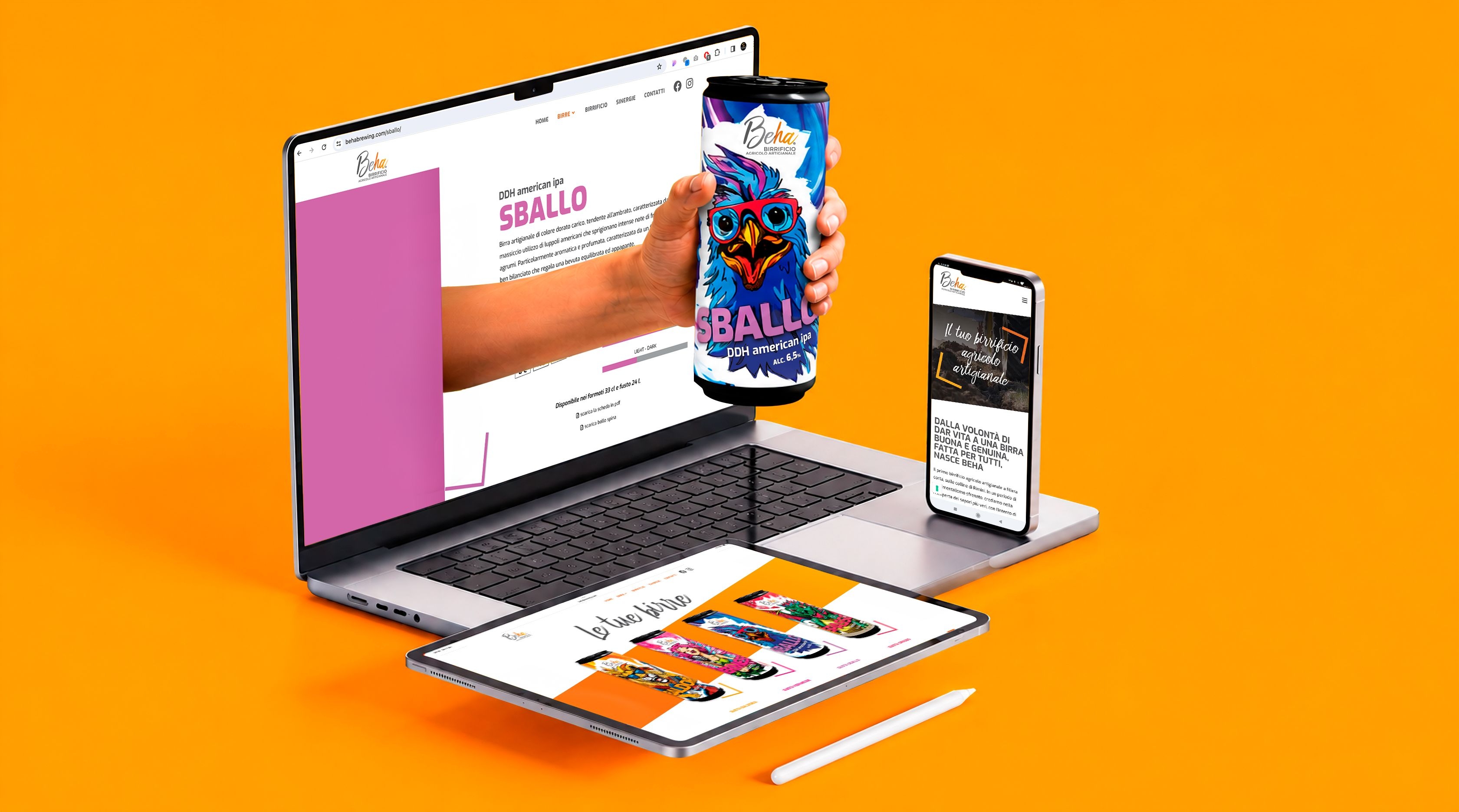 Sito web responsive del birrificio Beha visualizzato su laptop, tablet e smartphone