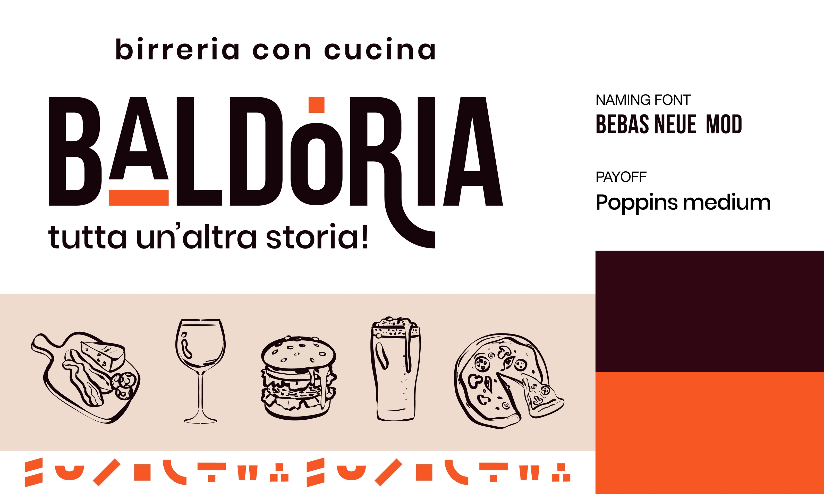 Identità visiva di Baldoria con logo, palette cromatica, font e illustrazioni dedicate a birra e cucina
