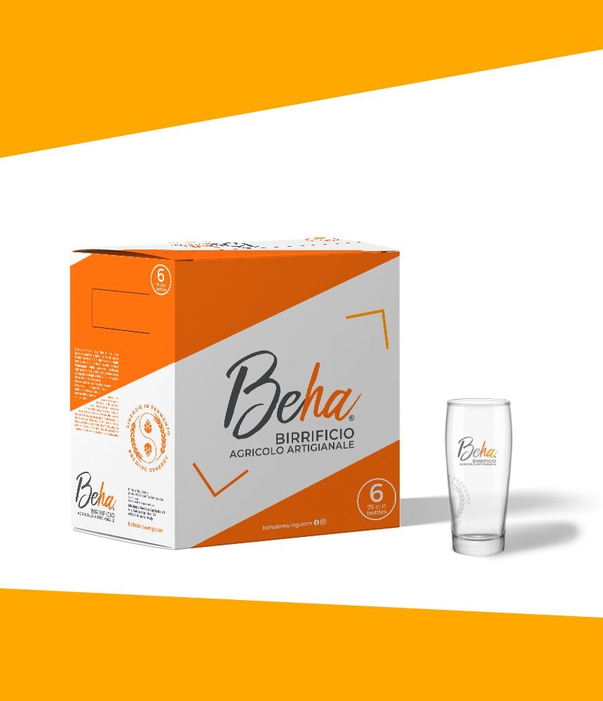 Confezione da sei birre Beha con bicchiere personalizzato e packaging coordinato