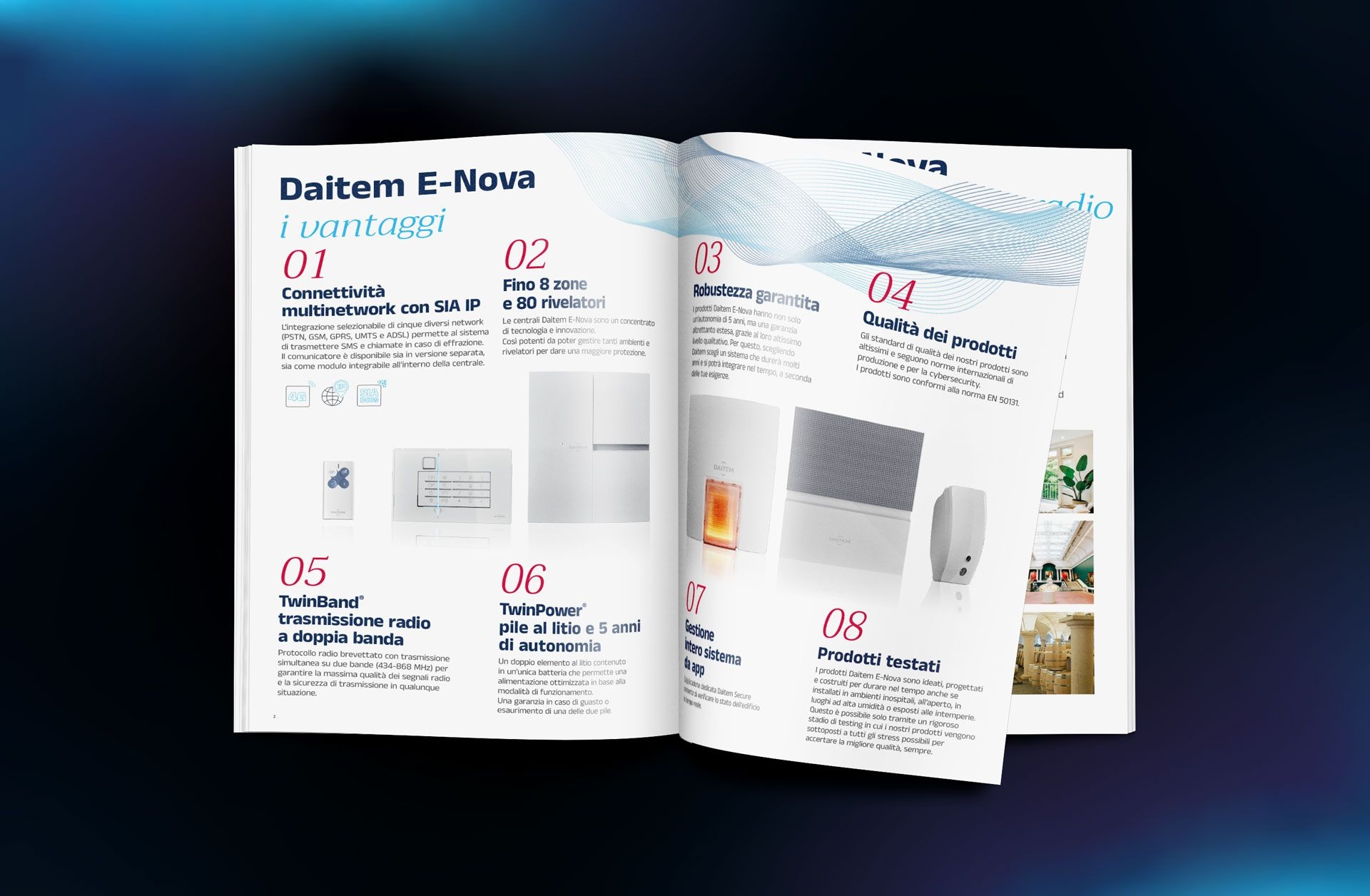 Brochure Daitem E-Nova aperta sulle caratteristiche del sistema di allarme senza fili