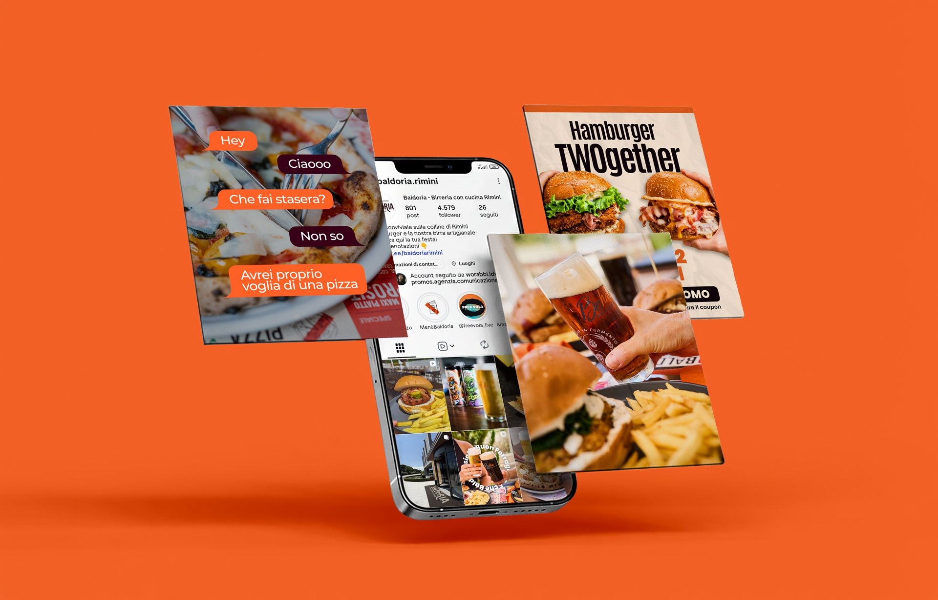 Contenuti social di Baldoria mostrati su smartphone con fotografie di pizza, hamburger, birra ed eventi