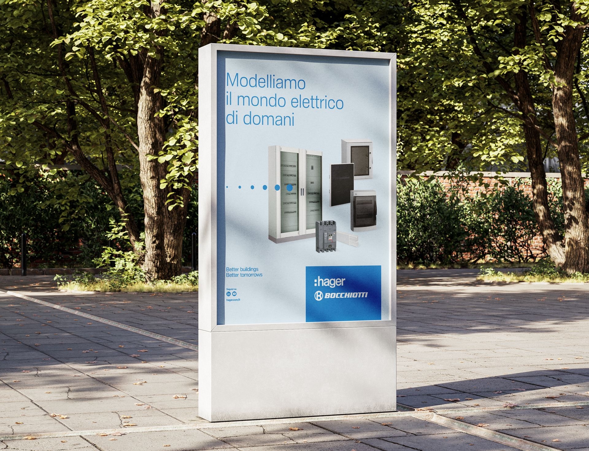 Totem pubblicitario Hager dedicato agli interruttori modulari per ambienti domestici