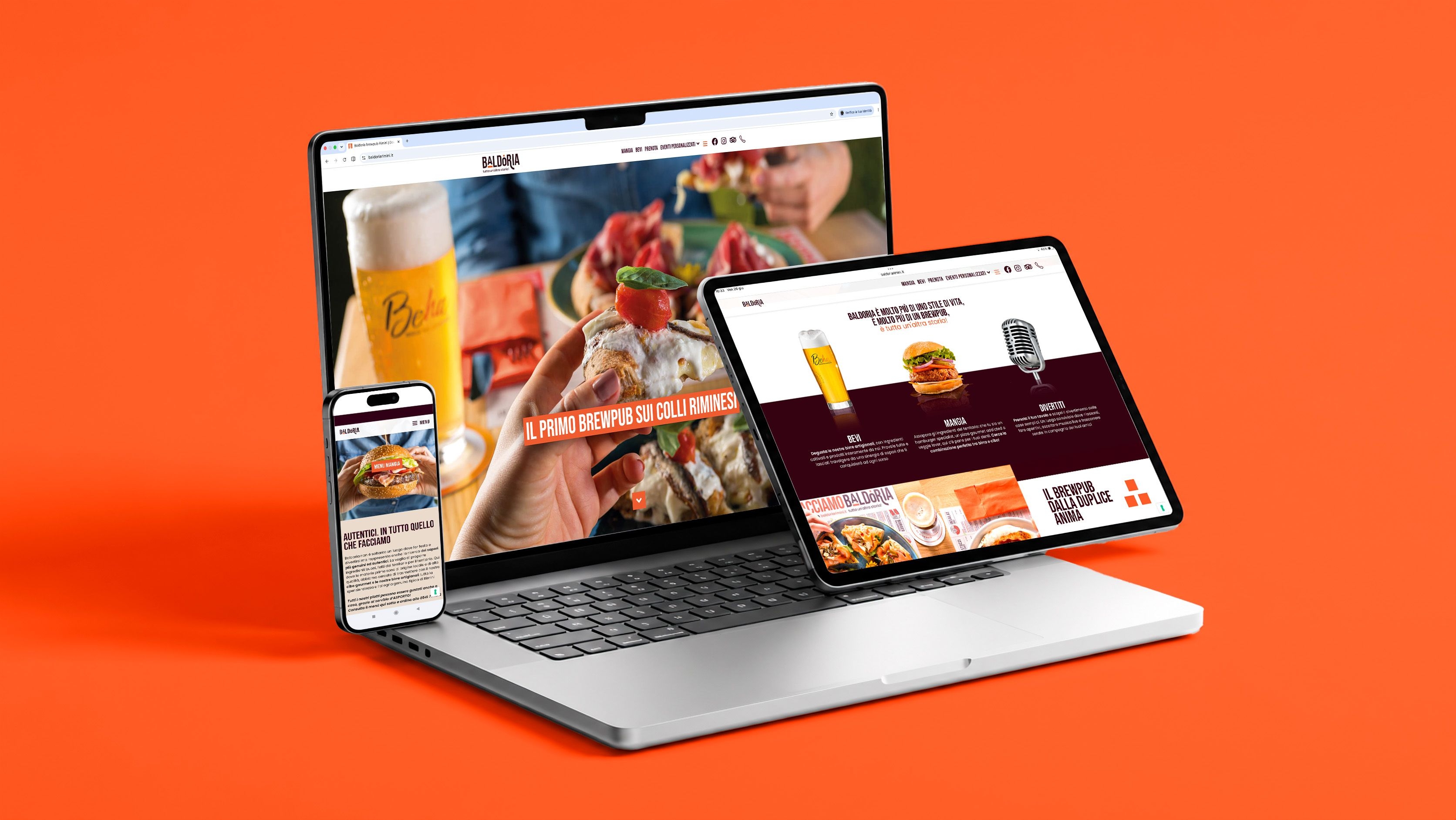 Sito web responsive di Baldoria visualizzato su computer, tablet e smartphone