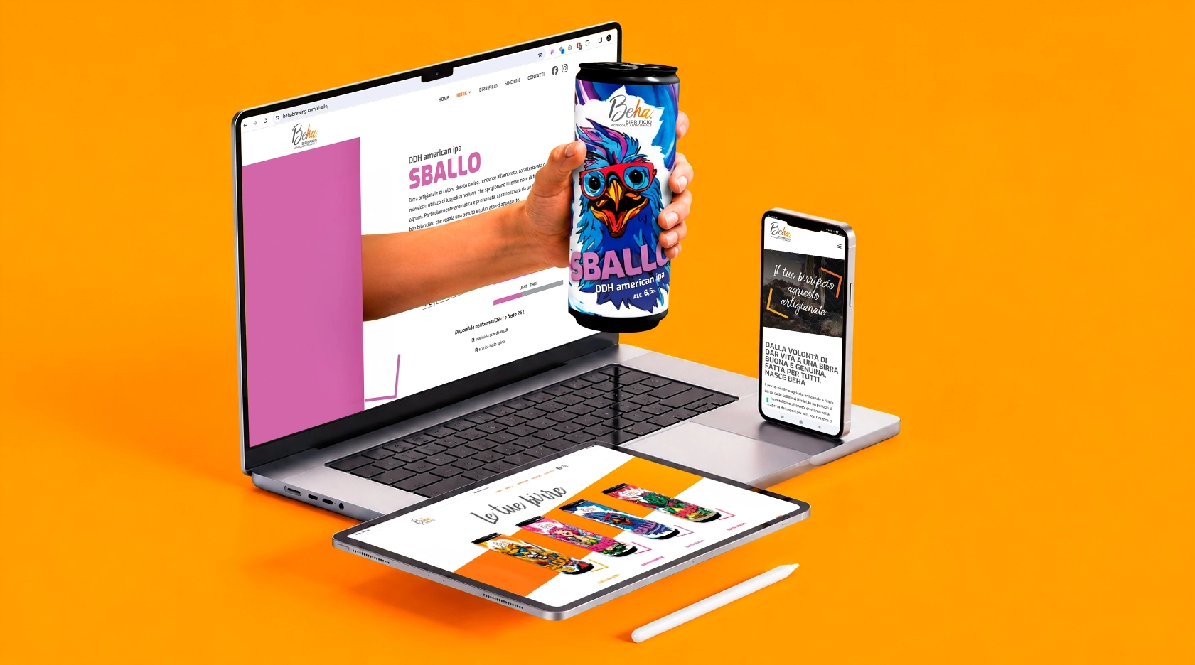 Sito Beha Brewing Company su laptop, tablet e smartphone con una lattina Sballo