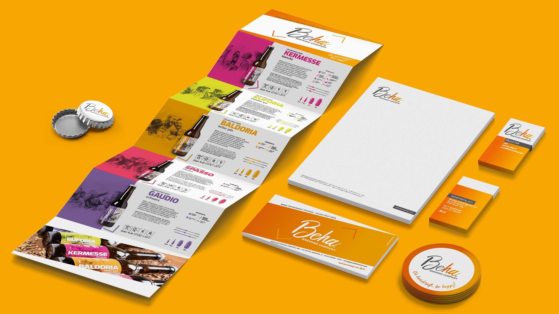 Materiali di comunicazione coordinata Beha con menu, carta intestata, biglietti da visita e sottobicchieri