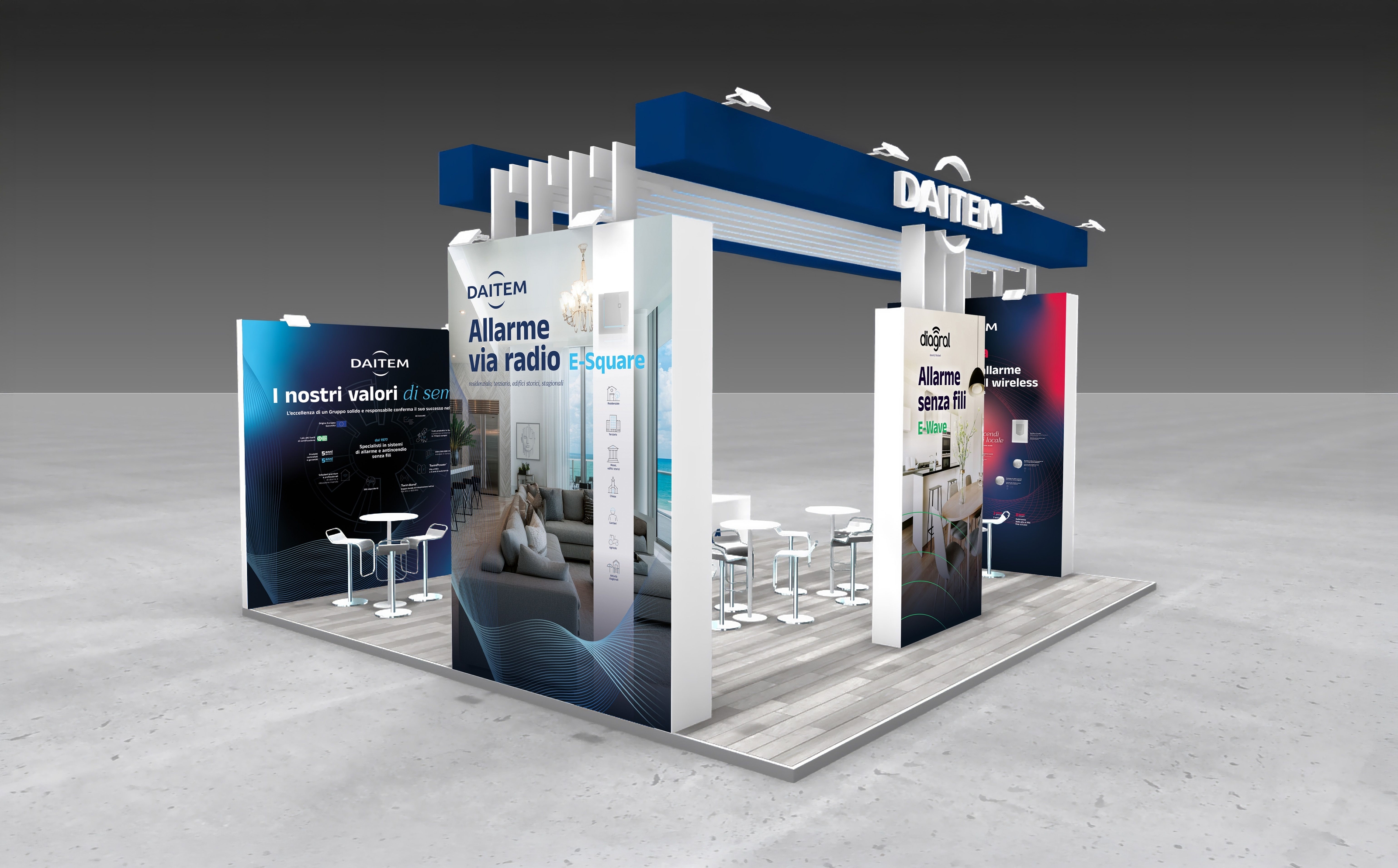 Rendering dello stand Daitem progettato per eventi e fiere di settore