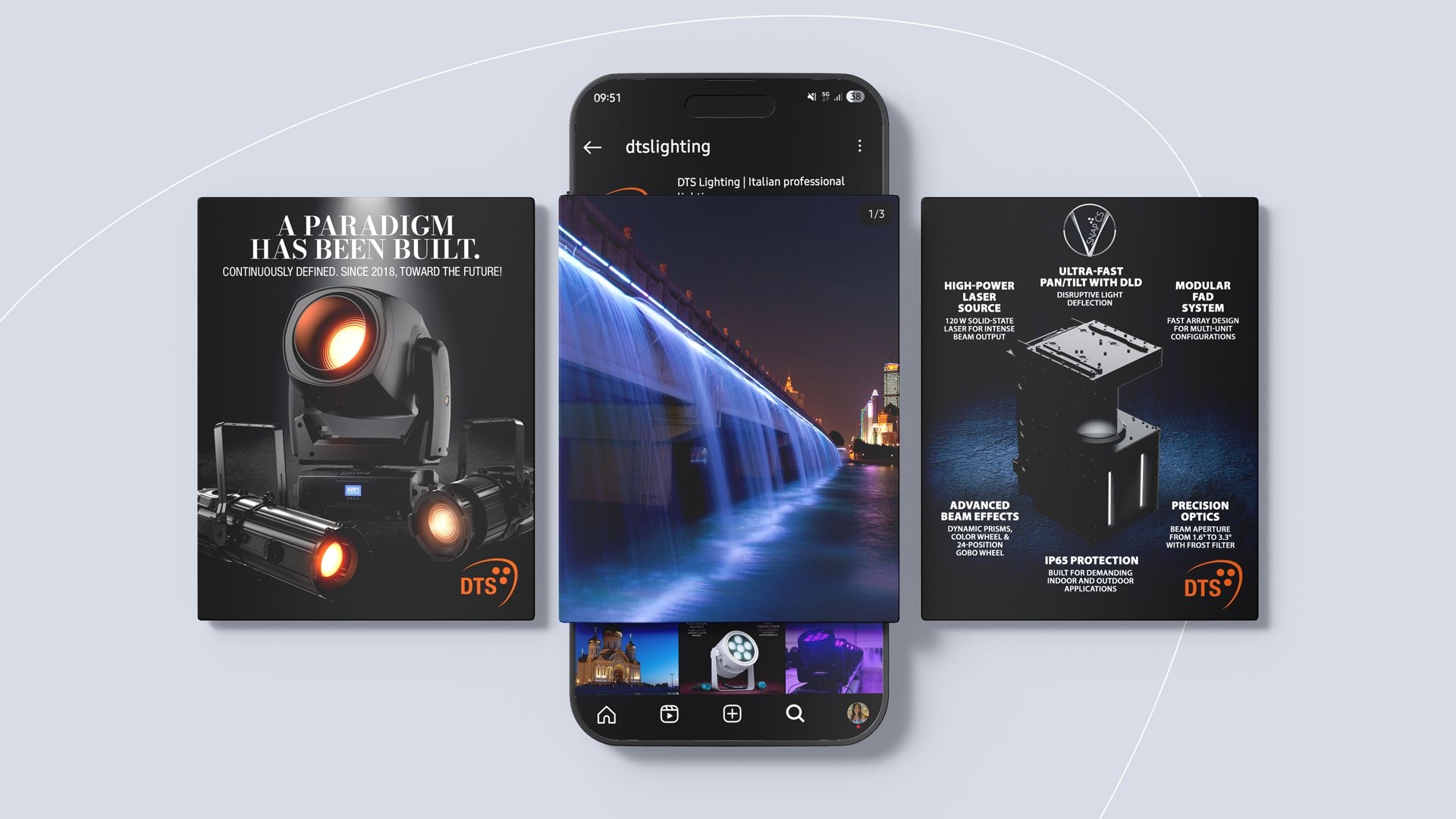 Contenuti social di DTS Lighting presentati su smartphone e grafiche coordinate di prodotto