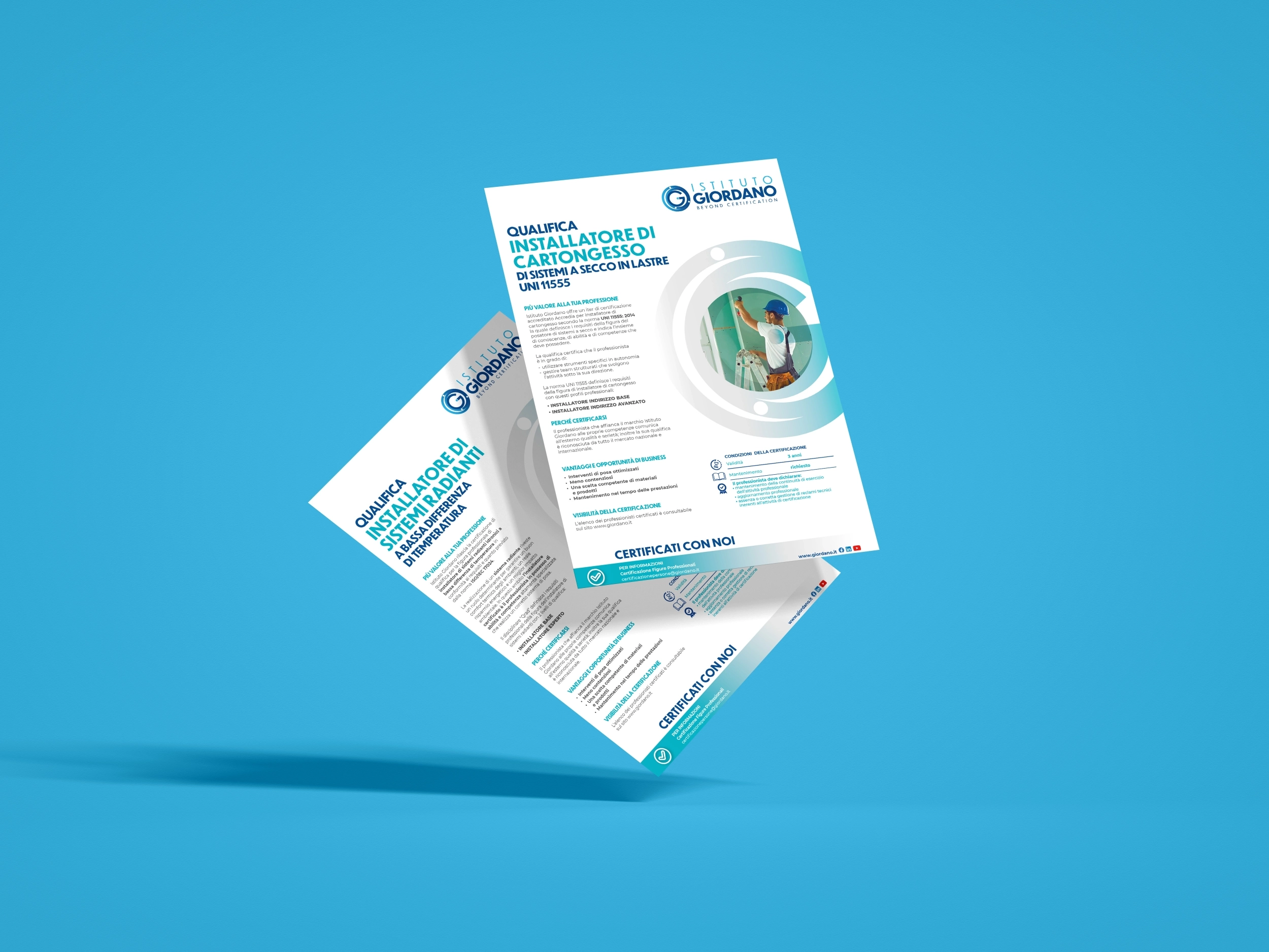 Flyer Istituto Giordano per la qualifica degli installatori su sfondo azzurro