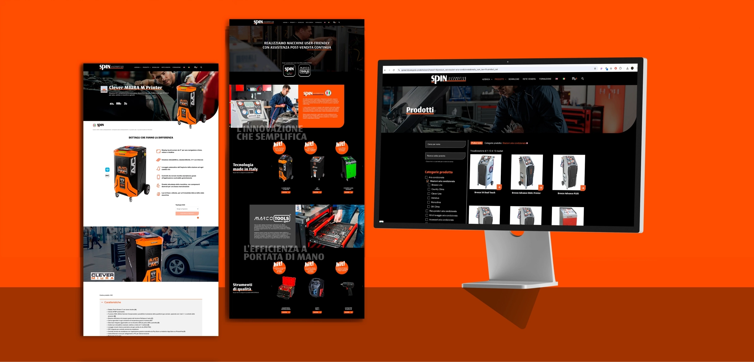 Pagine web e catalogo prodotti Spin Automotive Express su desktop