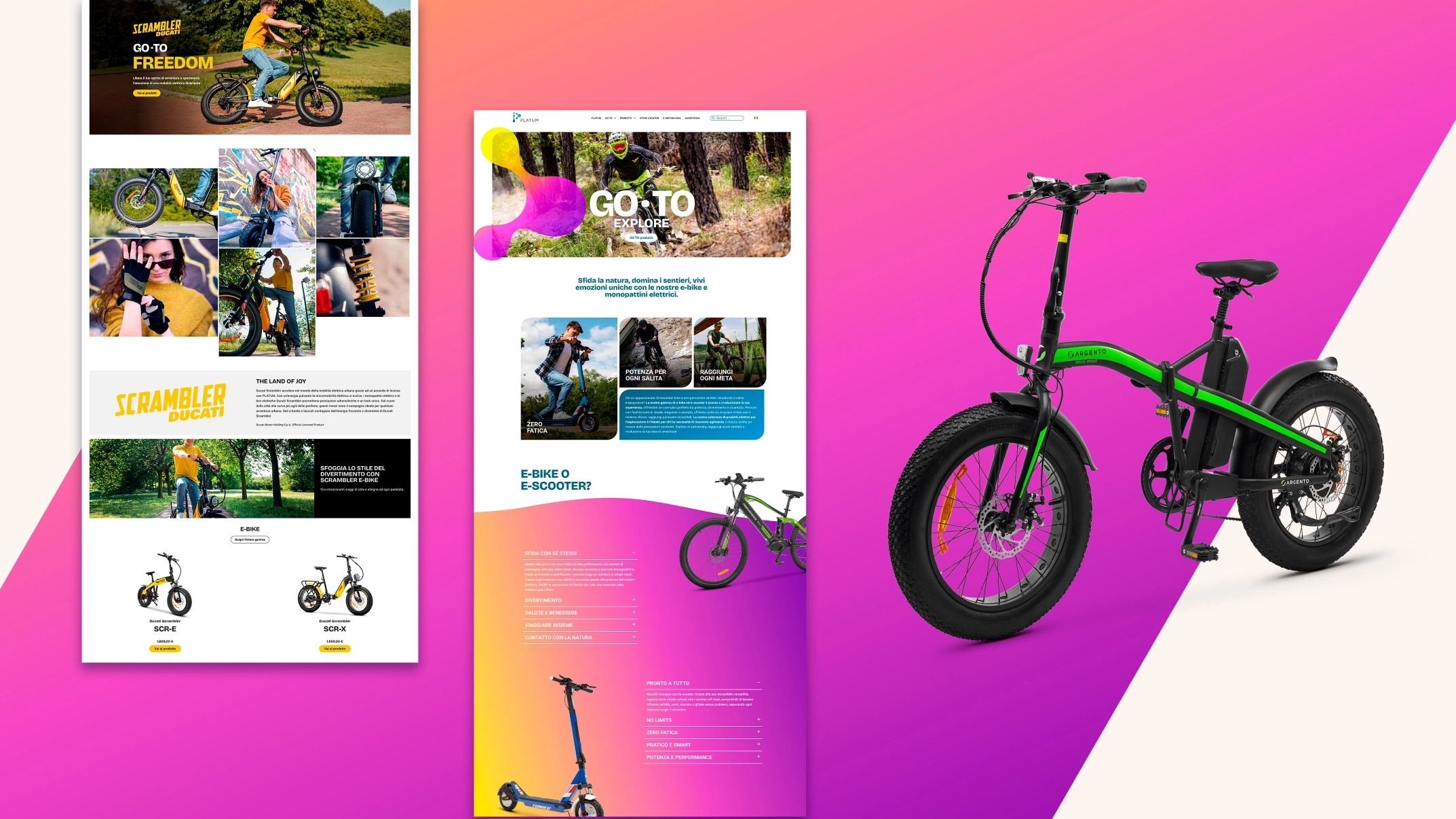 Mockup del sito Platum con e-bike, monopattini e immagini lifestyle