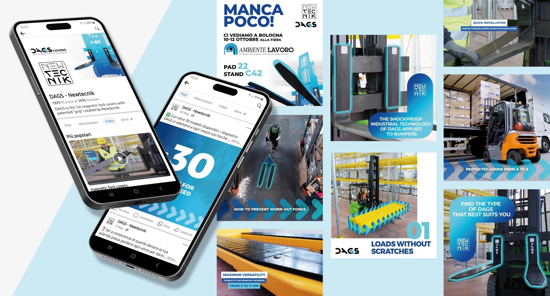 Schermate social DAGS Newtecnik su smartphone accanto a contenuti per la logistica