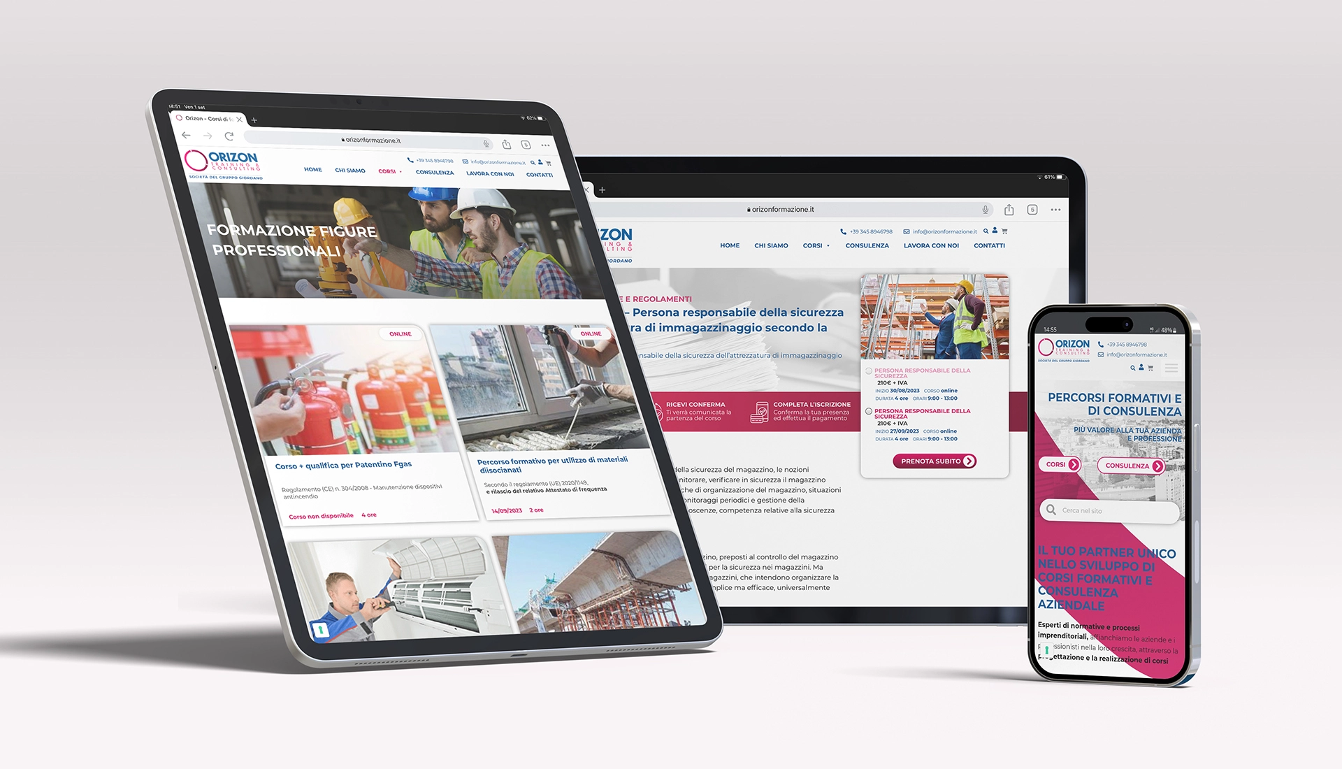 Sito responsive Orizon per corsi, formazione e consulenza su tablet, desktop e smartphone