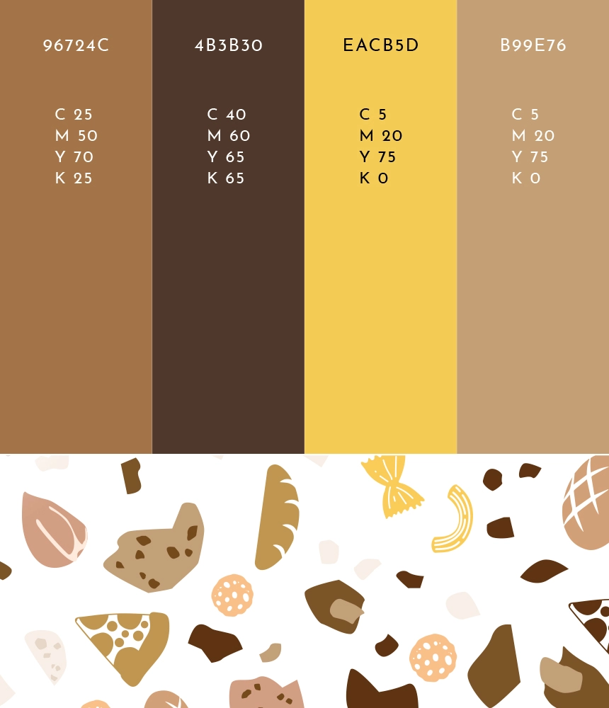 Palette colori e pattern illustrato con alimenti del brand Buoni Senza Glutine