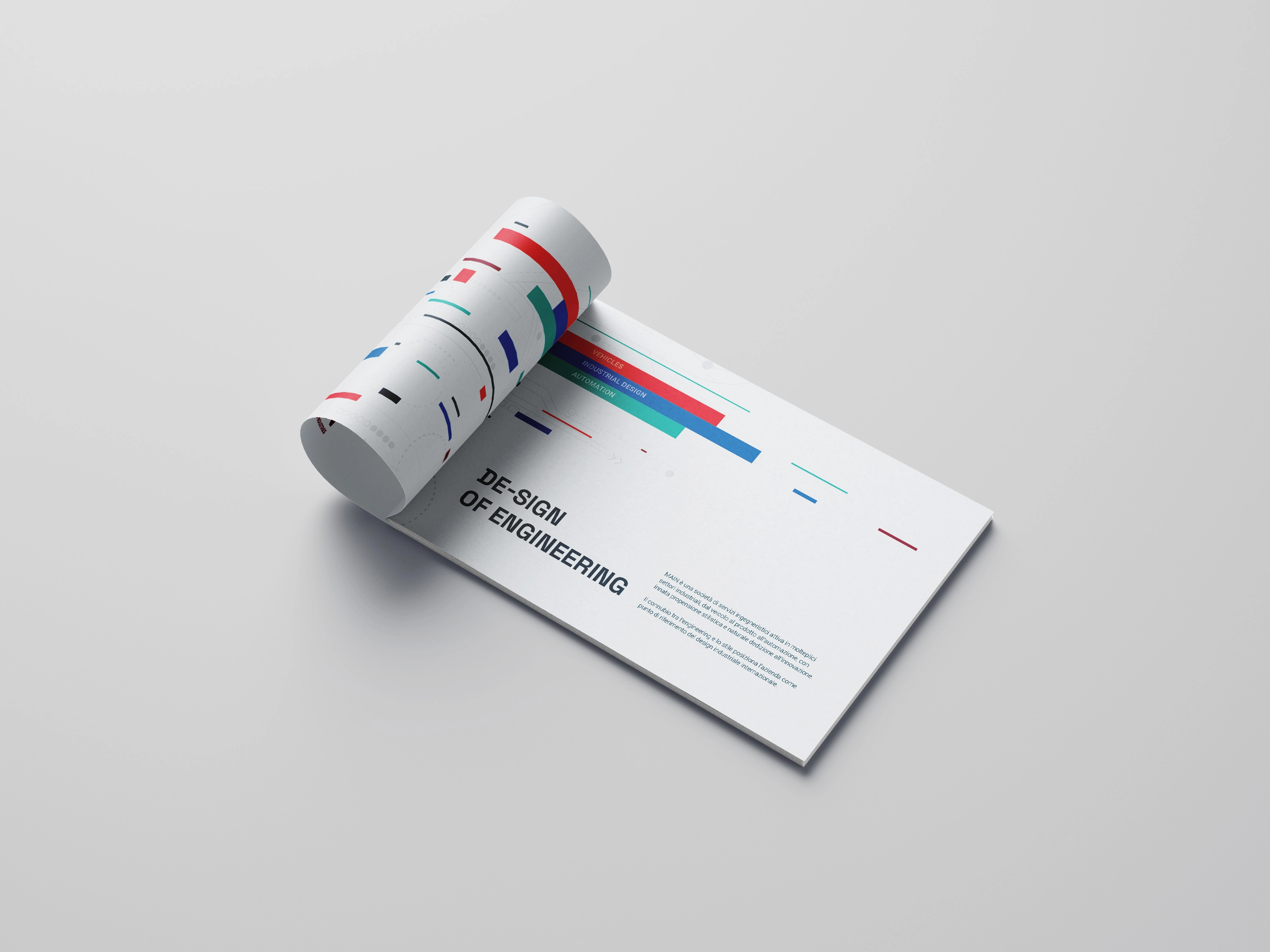 Brochure MAIN aperta con grafica geometrica e titolo Design of Engineering