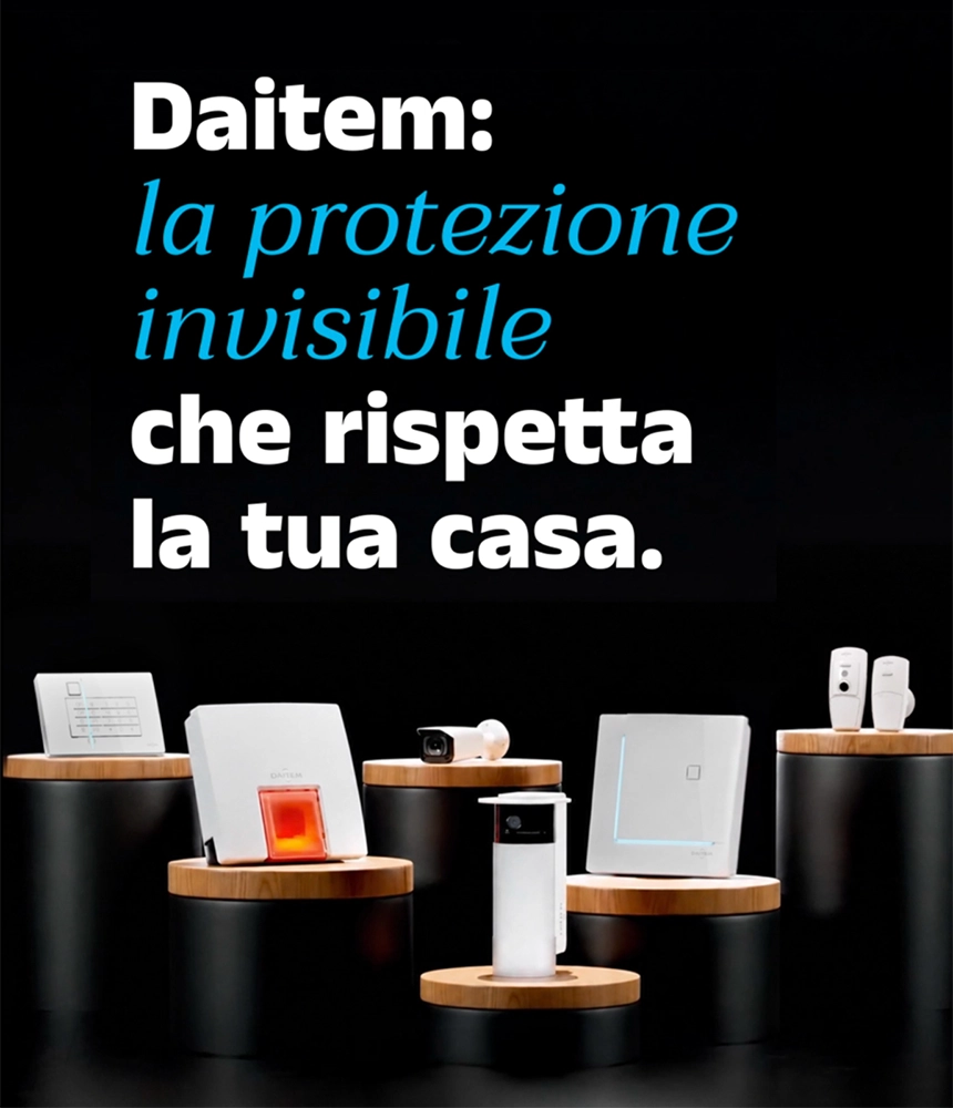Creatività Daitem con sistemi di allarme e messaggio sulla protezione della casa