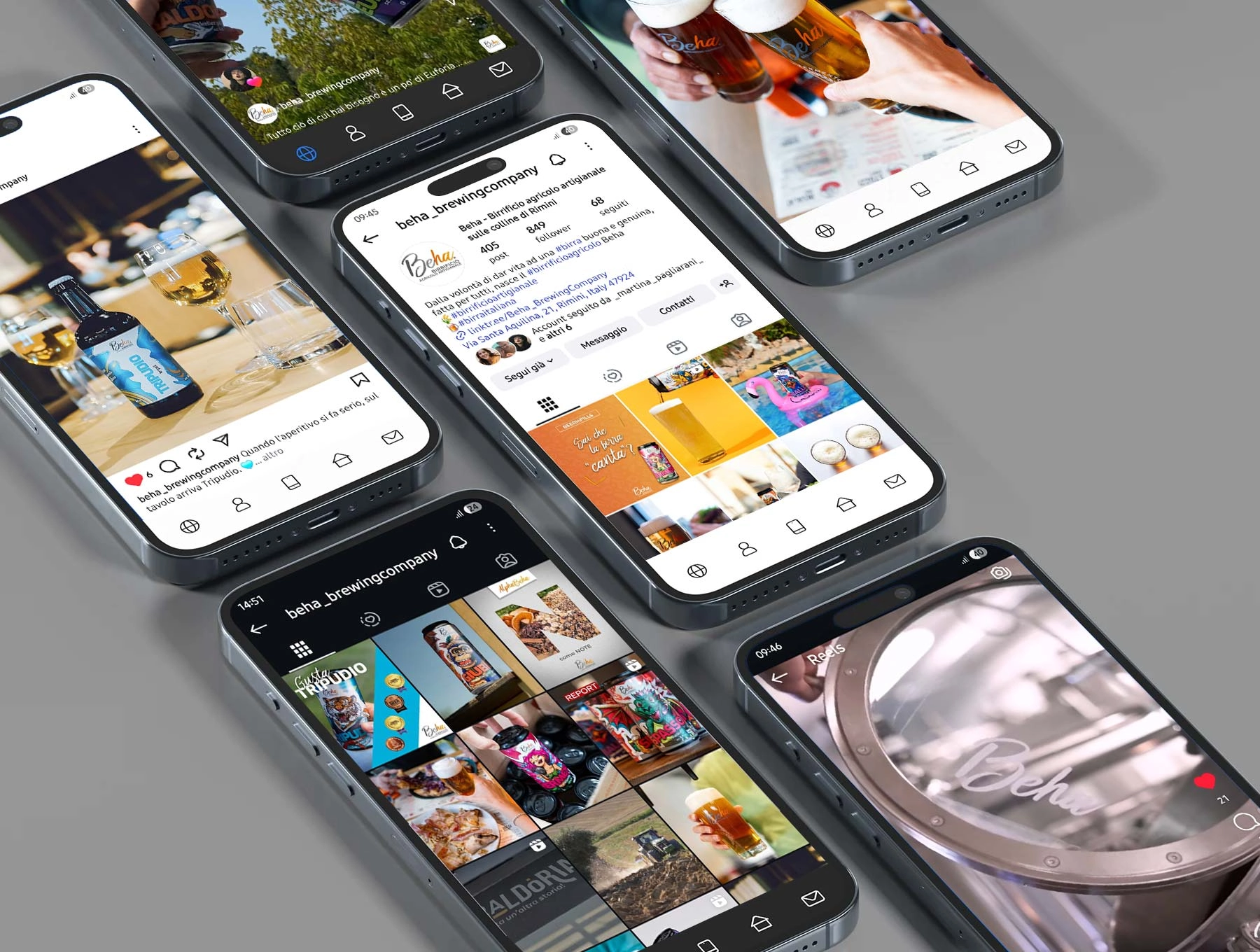 Profilo e contenuti Instagram Beha Brewing Company visualizzati su più smartphone